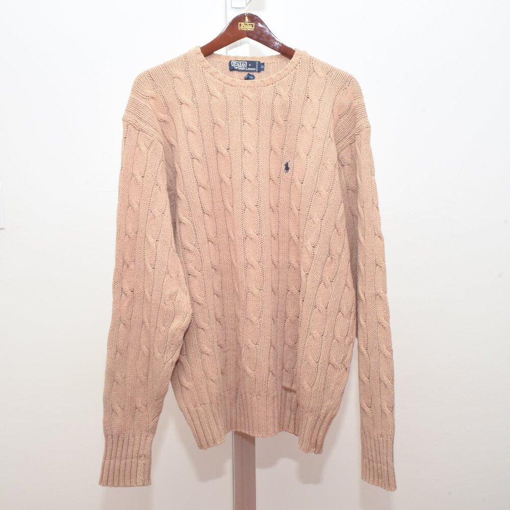 Polo Ralph Lauren Cable Knit Crew Sweater Camel Melange Mens XL 100% Cotton